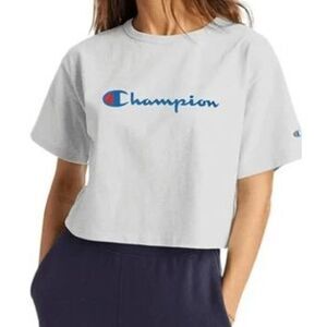 Champion Women's Script Logo Relaxed Cropped T-Shirt White S